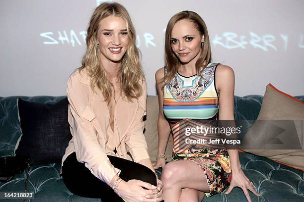 Model Rose Huntington-Whiteley and actress Christina Ricci attend a celebration of the BlackBerry Z10 Smartphone launch at Cecconi's Restaurant on...