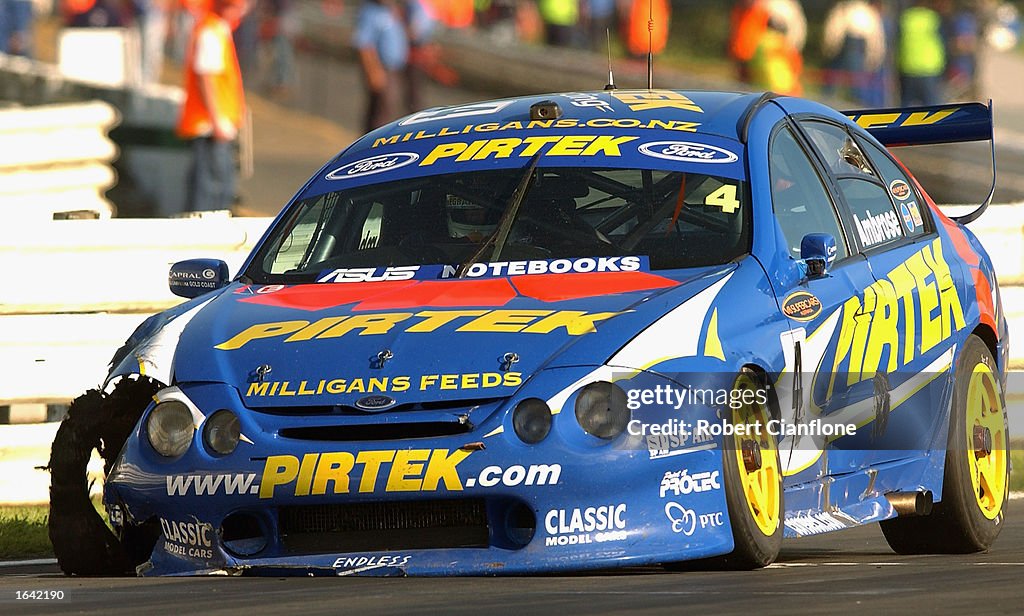Pertek Racing Team Marcos Ambrose of the Pirtek Racing Team limps home with a blown tyre ...