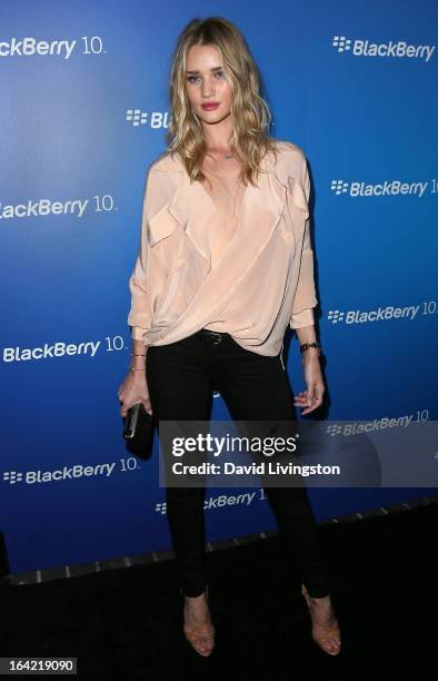 Model Rosie Huntington-Whiteley attends the BlackBerry Z10 Smartphone launch party at Cecconi's Restaurant on March 20, 2013 in Los Angeles,...