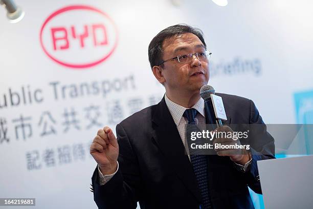 Wang Chuanfu, chairman of BYD Co., speaks during a news conference in Hong Kong, China, on Thursday, March 21, 2013. BYD, the Chinese automaker...