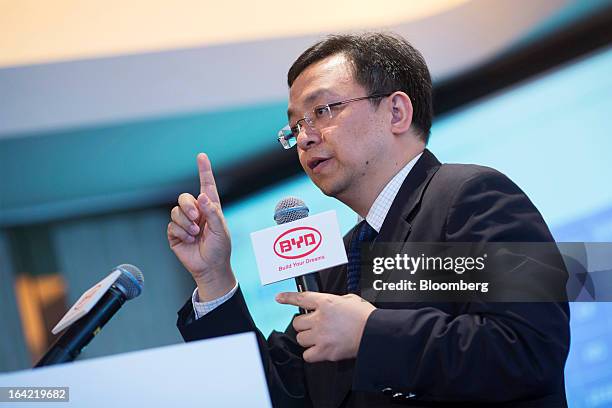 Wang Chuanfu, chairman of BYD Co., speaks during a news conference in Hong Kong, China, on Thursday, March 21, 2013. BYD, the Chinese automaker...