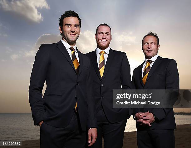 Hawks players Jordan Lewis, Jarryd Roughead and Brad Sewell pose during the Hawthorn Hawks Season Launch and Hall of Fame presentation at Encore St...