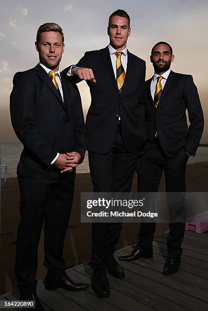 Hawks players Sam Mitchell, Max Bailey and Shaun Burgoyne pose during the Hawthorn Hawks Season Launch and Hall of Fame presentation at Encore St...