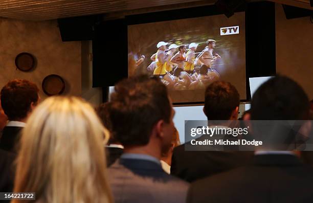 Guests watch a video during the Hawthorn Hawks Season Launch and Hall of Fame presentation at Encore St Kilda on March 21, 2013 in Melbourne,...