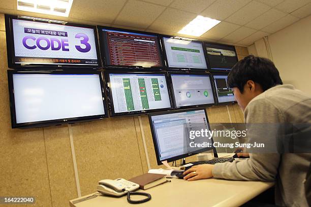 Researcher inspecting for computer viruses at Hauri Inc. The IT security software vendor on March 21, 2013 in Seoul, South Korea. A cyber attack on...