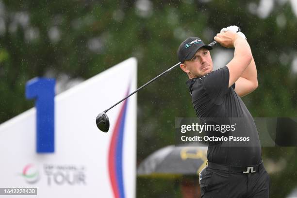 Matt Wallace of England plays his shot from the first tee during Day Four of the D+D Real Czech Masters at Albatross Golf Resort on August 27, 2023...