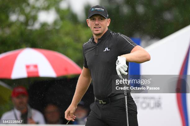 Matt Wallace of England follows his shot from the first tee during Day Four of the D+D Real Czech Masters at Albatross Golf Resort on August 27, 2023...