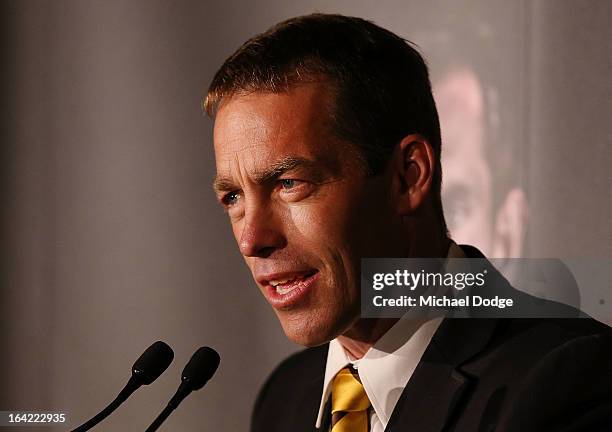 Hawks coach Alastair Clarkson speaks on stage during the Hawthorn Hawks Season Launch and Hall of Fame presentation at Encore St Kilda on March 21,...