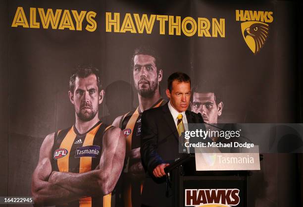 Hawks coach Alastair Clarkson speaks on stage during the Hawthorn Hawks Season Launch and Hall of Fame presentation at Encore St Kilda on March 21,...