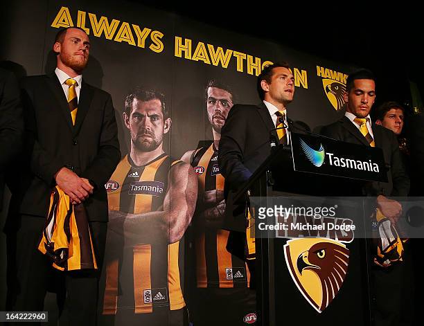 Hawks captain Luke Hodge speaks on stage during the Hawthorn Hawks Season Launch and Hall of Fame presentation at Encore St Kilda on March 21, 2013...