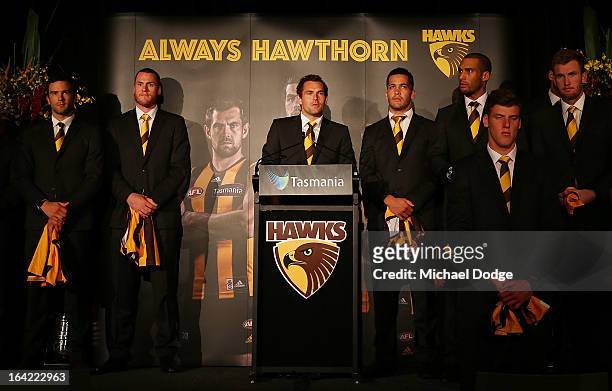 Hawks captain Luke Hodge speaks on stage during the Hawthorn Hawks Season Launch and Hall of Fame presentation at Encore St Kilda on March 21, 2013...