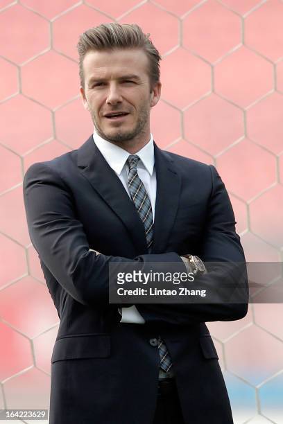 British football player David Beckham visits Beijing Guo'an Football Club at Workers Stadium on March 21, 2013 in Beijing, China. David Beckham is on...