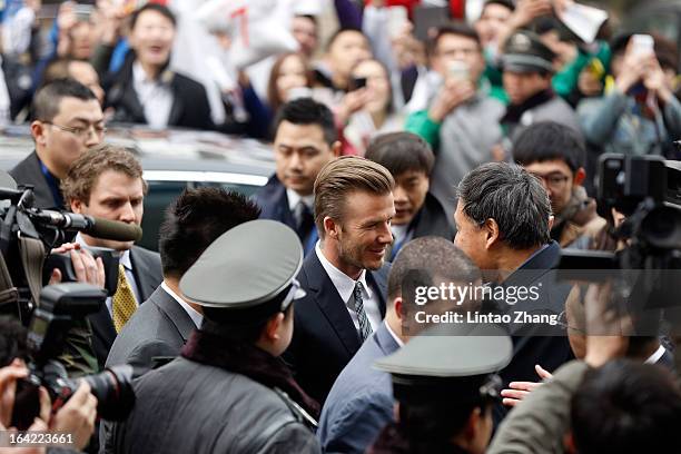 British football player David Beckham visits Beijing Guo'an Football Club at Workers Stadium on March 21, 2013 in Beijing, China. David Beckham is on...