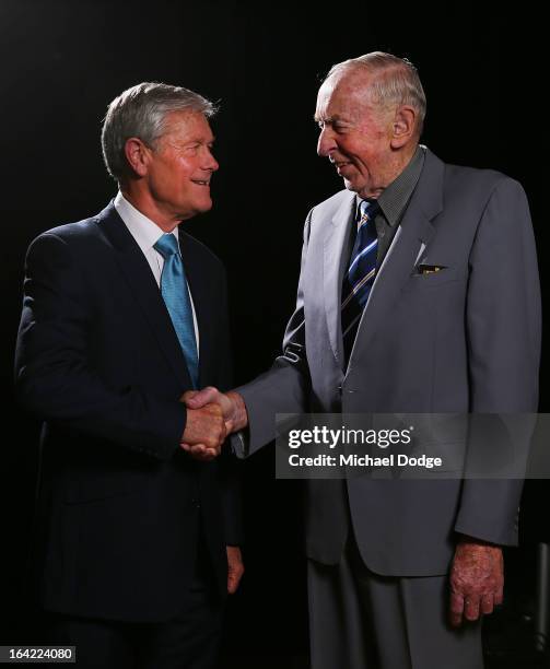 David Parkin is congratulated by John Kennedy Snr for being inducted as a legend during the Hawthorn Hawks Season Launch and Hall of Fame...