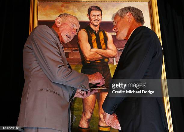 John Kennedy Snr and David Parkin stand in front of his portrait after being inducted as a legend during the Hawthorn Hawks Season Launch and Hall of...