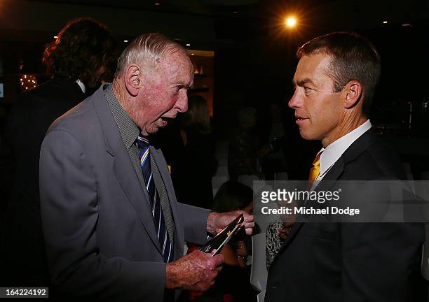 John Kennedy Snr talks to coach Alastair Clarkson during the Hawthorn Hawks Season Launch and Hall of Fame presentation at Encore St Kilda on March...