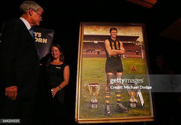 David Parkin looks at his portrait after being inducted as a legend during the Hawthorn Hawks Season Launch and Hall of Fame presentation at Encore...