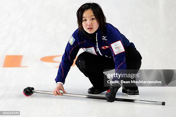 Satsuki Fujisawa of Japan looks on in the match between Japan and Russia on Day 5 of the Titlis Glacier Mountain World Women's Curling Championship...