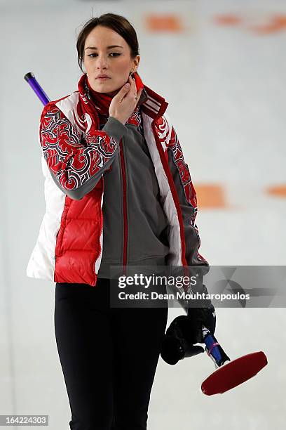 Anna Sidorova of Russia looks on in the match between Japan and Russia on Day 5 of the Titlis Glacier Mountain World Women's Curling Championship at...