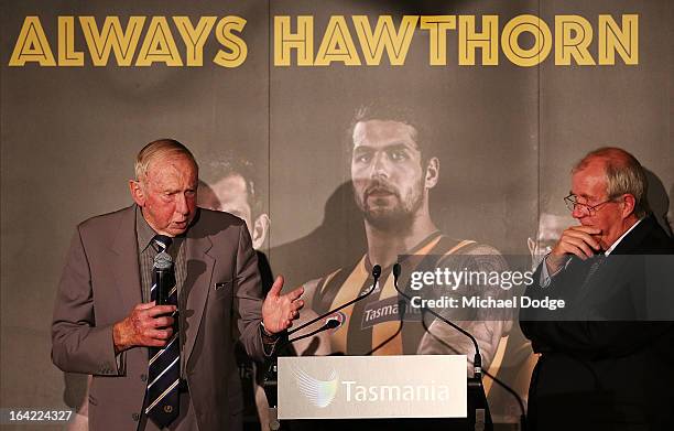 John Kennedy Snr speaks on stage during the Hawthorn Hawks Season Launch and Hall of Fame presentation at Encore St Kilda on March 21, 2013 in...