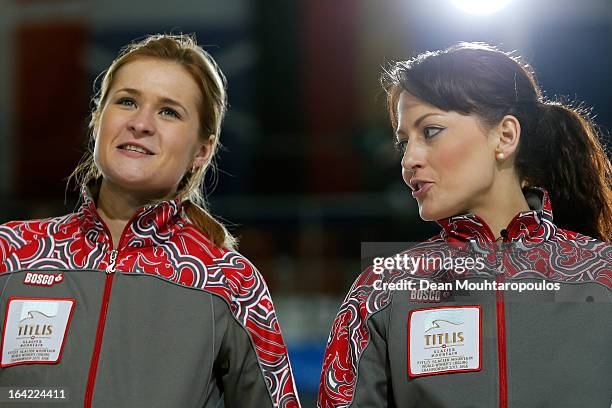 Margarita Fomina and Ekaterina Galkina of Russia speak between ends in the match between Japan and Russia on Day 5 of the Titlis Glacier Mountain...