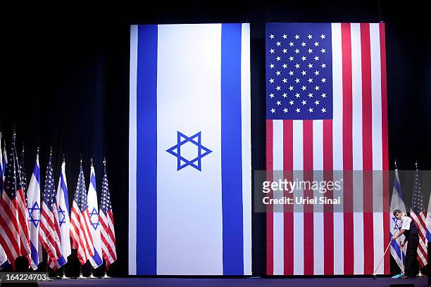 Final preparations are made before US President Barack Obama's speech to Israeli students on March 21, 2013 in Jerusalem, Israel. This is President...