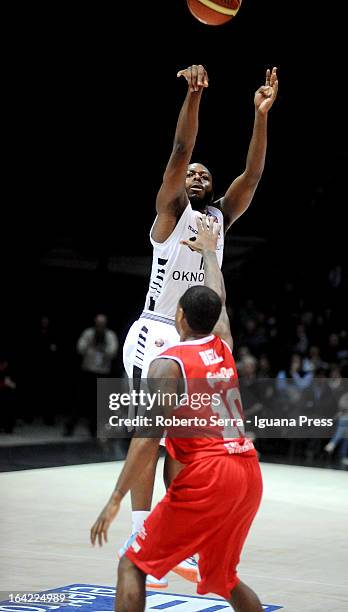 Jacob Pullen of Oknoplast competes with Troy Bell of Trenkwalder during the LegaBasket Serie A match between Oknoplast Bologna and Trenkwalder Reggio...