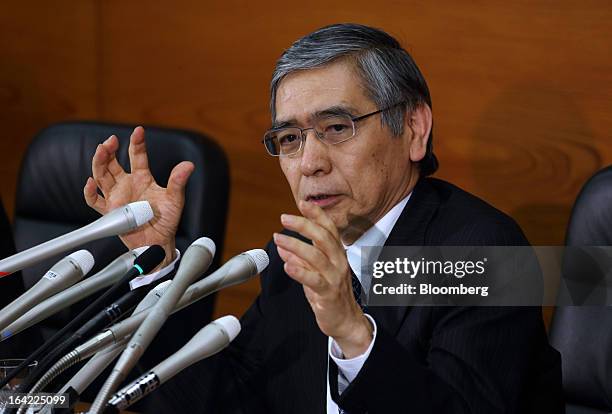 Haruhiko Kuroda, new governor of the Bank of Japan , speaks during a news conference at the central bank's headquarters in Tokyo, Japan, on Thursday,...