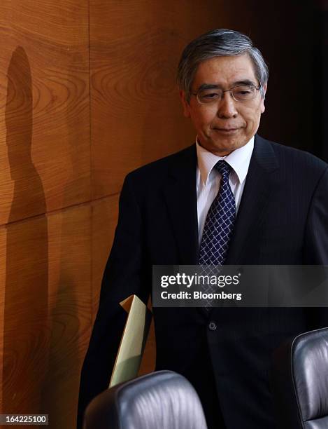 Haruhiko Kuroda, new governor of the Bank of Japan , arrives for a news conference at the central bank's headquarters in Tokyo, Japan, on Thursday,...