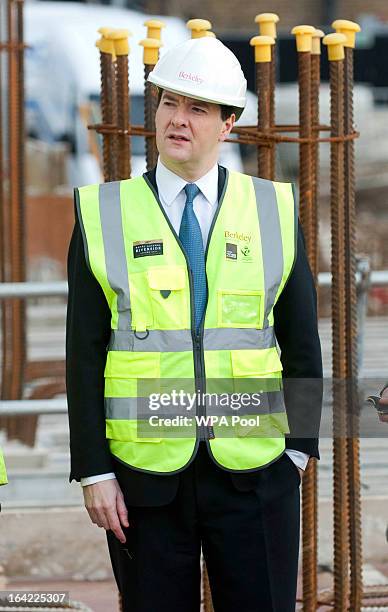 Chancellor George Osborne visits apartments under construction at the Berkeley Homes Royal Arsenal Riverside development in Woolwich on March 21,...