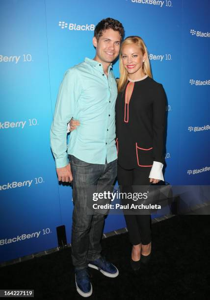 Actors Drew Seeley and Amy Paffrath attend the BlackBerry Z10 Smartphone launch party at Cecconi's Restaurant on March 20, 2013 in Los Angeles,...