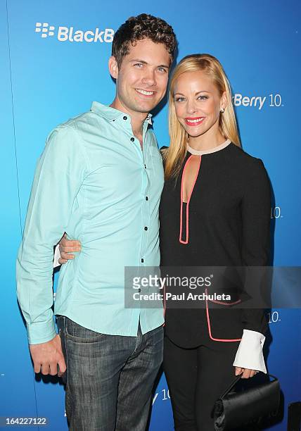 Actors Drew Seeley and Amy Paffrath attend the BlackBerry Z10 Smartphone launch party at Cecconi's Restaurant on March 20, 2013 in Los Angeles,...