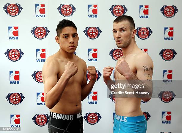 John Joe Nevin of British Lionhearts with Fernando Alvarez Diaz of Mexico Guerreros during the weigh in for the World Series of Boxing between the...