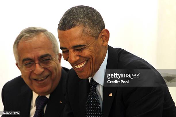 President Barack Obama and Palestinian Prime Minister Salam Fayad visit Al Bera Youth Center March 21, 2013 in Ramallah, the West Bank. This is...