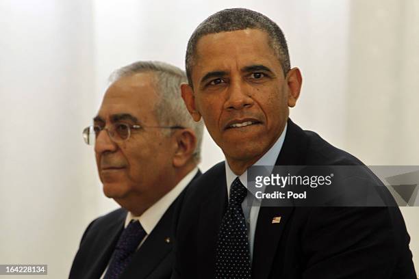President Barack Obama and Palestinian Prime Minister Salam Fayad visit Al Bera Youth Center March 21, 2013 in Ramallah, the West Bank. This is...