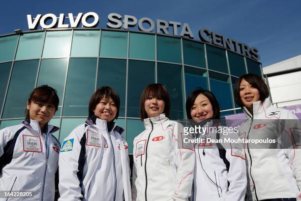 Miyo Ichikawa, Miyuki Satoh, Chiaki Matsumura, Satsuki Fujisawa and Emi Shimizu of Team Japan pose in front of the venue on Day 6 of the Titlis...