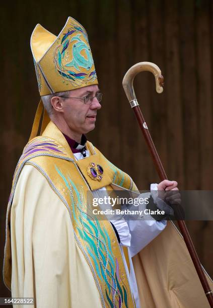 The Most Reverend Justin Welby arrives for his enthronement as Archbishop of Canterbury at Canterbury Cathedral on March 21, 2013 in Canterbury,...