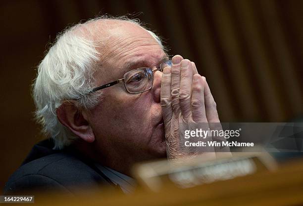Sen. Bernie Sanders listens as members speak during a markup meeting of the Senate Energy and Natural Resources Committee March 21, 2013 in...
