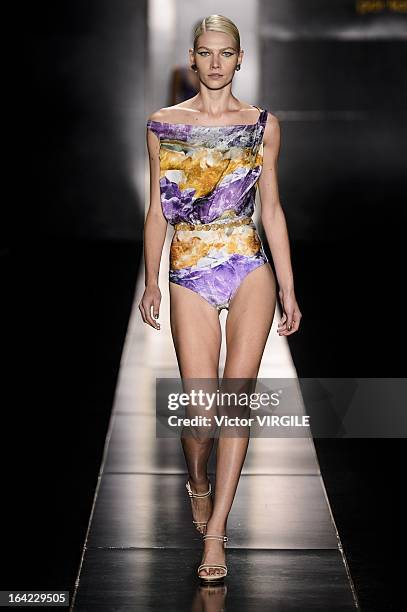 Model walks the runway during the Agua de Coco as part of the Sao Paulo Fashion Week Spring Summer 2013/2014 on March 20, 2013 in Sao Paulo, Brazil.