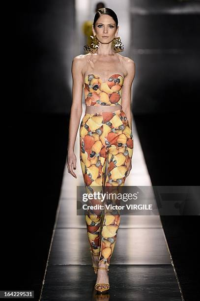 Model walks the runway during the Agua de Coco as part of the Sao Paulo Fashion Week Spring Summer 2013/2014 on March 20, 2013 in Sao Paulo, Brazil.