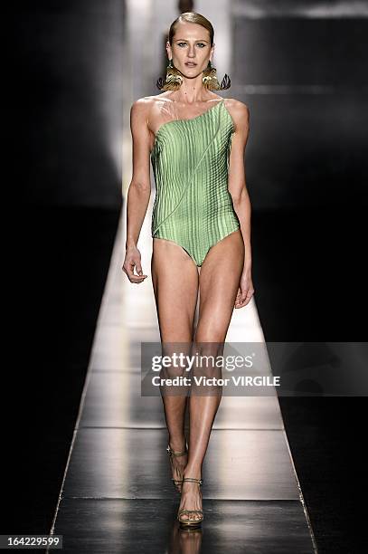 Model walks the runway during the Agua de Coco as part of the Sao Paulo Fashion Week Spring Summer 2013/2014 on March 20, 2013 in Sao Paulo, Brazil.