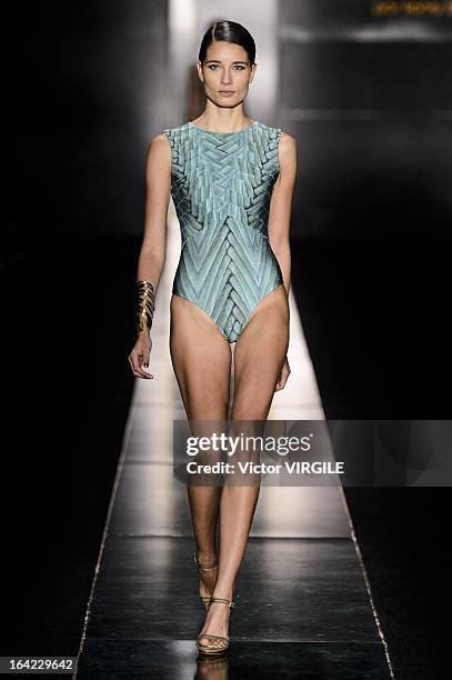 Model walks the runway during the Agua de Coco as part of the Sao Paulo Fashion Week Spring Summer 2013/2014 on March 20, 2013 in Sao Paulo, Brazil.