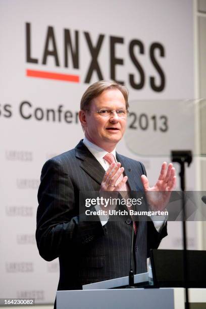 Dr. Axel C. Heitmann, CEO of the Lanxess AG, speaks during the company's results news conference on March 21, 2013 in Duesseldorf, Germany.