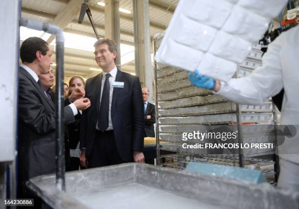 French Minister for Industrial Renewal Arnaud Montebourg listens to Sealock head Jean-Marc Barki during his visit to the plant of industrial glue...