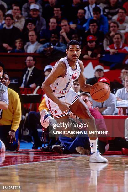 Maurice Cheeks of the Eastern Conference All Stars dribbles the ball during the 1988 NBA All-Star Game on February 7, 1988 at the Chicago Stadium,...