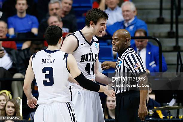 Andrew Smith of the Butler Bulldogs questions a referee about a call against the Butler Bulldogs as teammate Alex Barlow looks on in the second half...