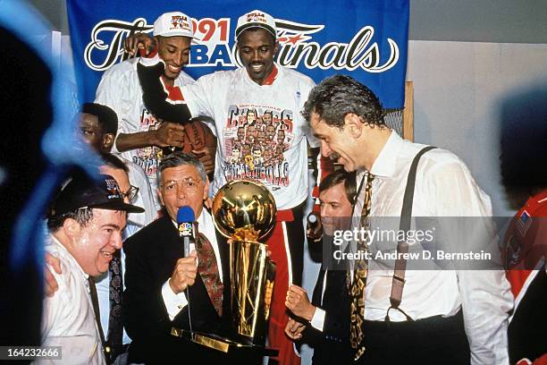 Phil Jackson of the Chicago Bulls celebrates after winning Game Five of the 1991 NBA Finals on June 12, 1991 at the Great Western Forum in Inglewood,...