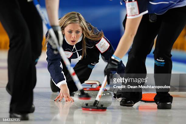 Eve Muirhead of Scotland throws a stone in the match between Scotland and Russia on Day 6 of the Titlis Glacier Mountain World Women's Curling...