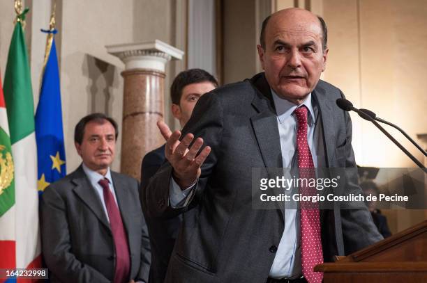 Democratic Party leader Pier Luigi Bersani gestures as he gives a press statement after a meeting with Italian President Giorgio Napolitano at the...