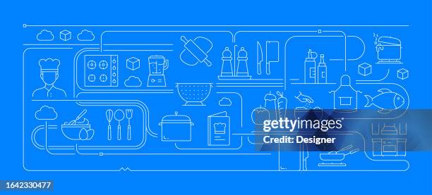 bildbanksillustrationer, clip art samt tecknat material och ikoner med cooking related banner design for web page, headline, brochure, annual report and book cover - kitchenware department